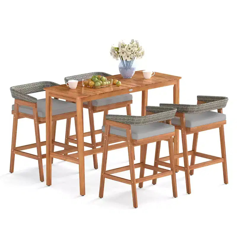 Ensemble de bar de terrasse Costway 5 pièces hauteur comptoir avec 4 tabourets de bar rembourrés et dossiers en rotin incurvé