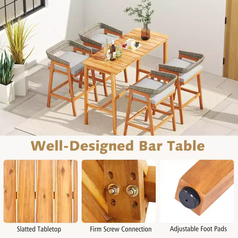 Ensemble de bar de terrasse Costway 5 pièces hauteur comptoir avec 4 tabourets de bar rembourrés et dossiers en rotin incurvé