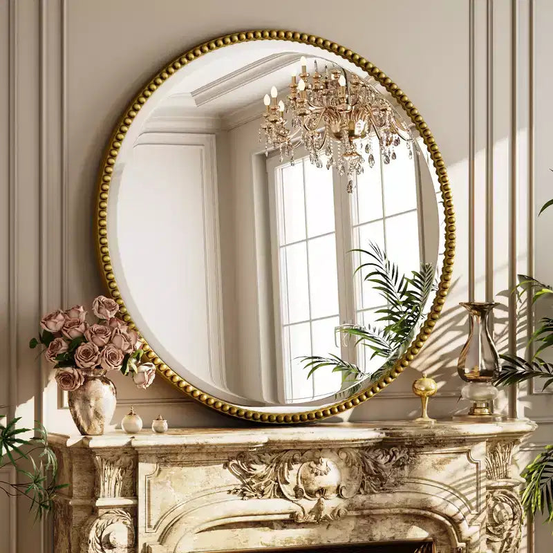 Miroir Mural Rond Perlé - Miroir de Salle de Bain Décoratif avec Cadre en Résine