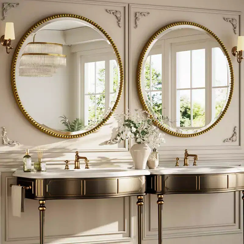 Miroir Mural Rond Perlé - Miroir de Salle de Bain Décoratif avec Cadre en Résine