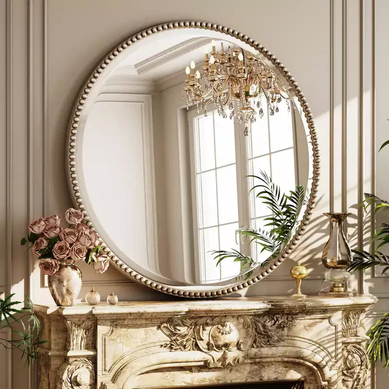 Miroir Mural Rond Perlé - Miroir de Salle de Bain Décoratif avec Cadre en Résine