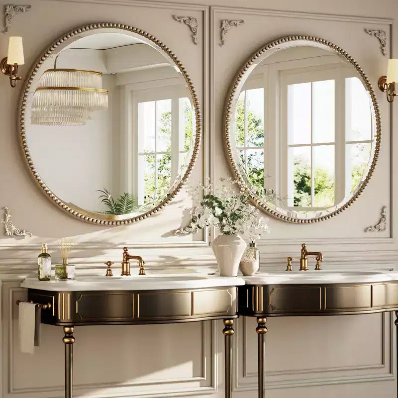 Miroir Mural Rond Perlé - Miroir de Salle de Bain Décoratif avec Cadre en Résine
