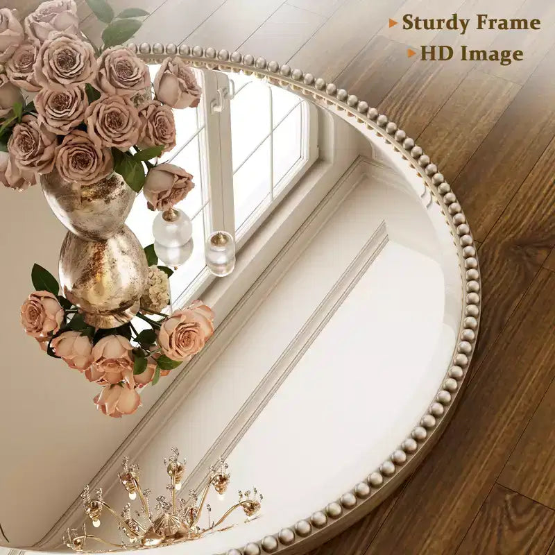 Miroir Mural Rond Perlé - Miroir de Salle de Bain Décoratif avec Cadre en Résine