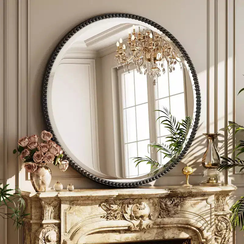 Miroir Mural Rond Perlé - Miroir de Salle de Bain Décoratif avec Cadre en Résine