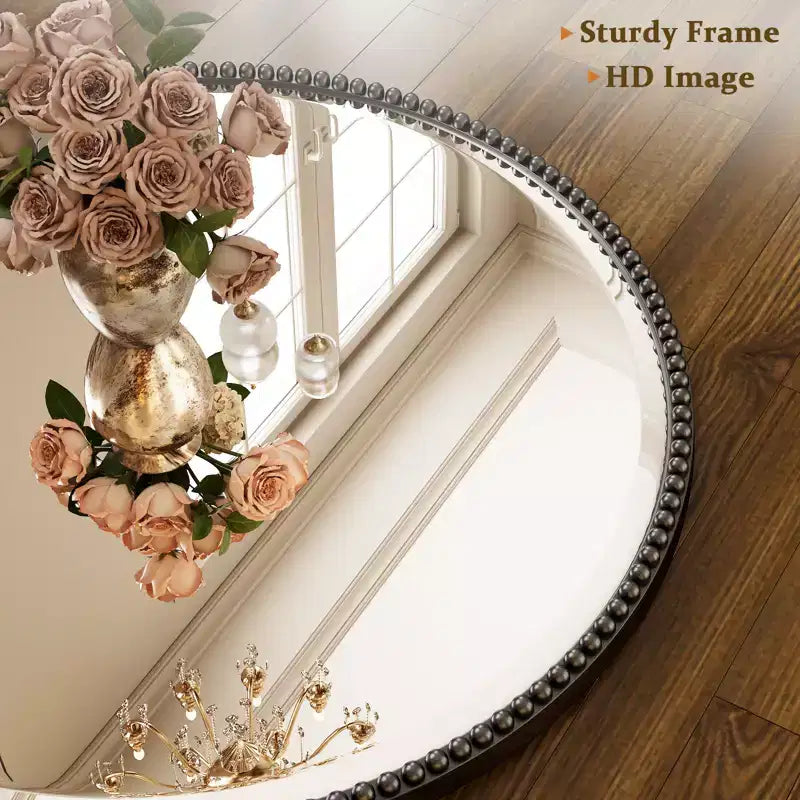 Miroir Mural Rond Perlé - Miroir de Salle de Bain Décoratif avec Cadre en Résine