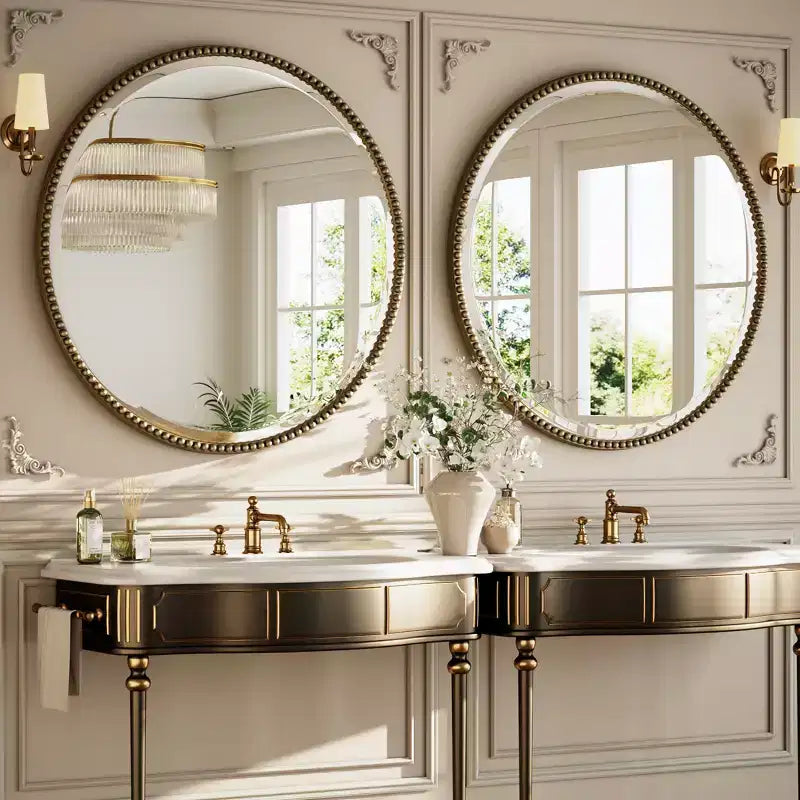 Miroir Mural Rond Perlé - Miroir de Salle de Bain Décoratif avec Cadre en Résine