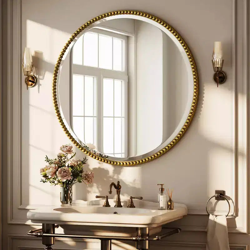 Miroir Mural Rond Perlé - Miroir de Salle de Bain Décoratif avec Cadre en Résine