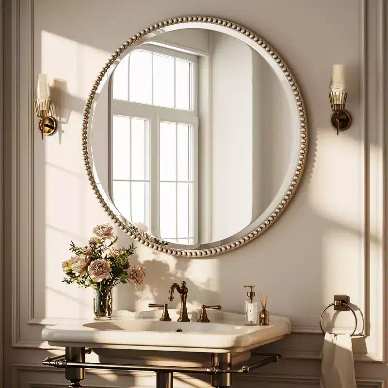 Miroir Mural Rond Perlé - Miroir de Salle de Bain Décoratif avec Cadre en Résine