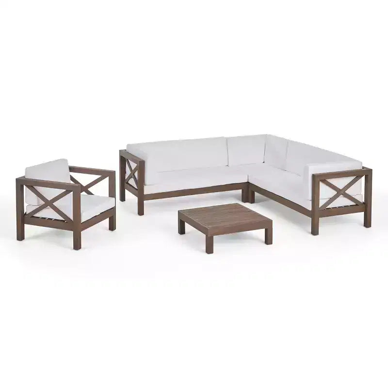Christopher Knight Home George Ensemble sectionnel d'extérieur 5 pièces en bois d'acacia avec table basse et coussins