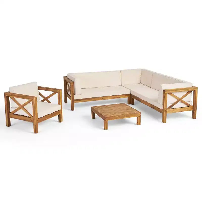 Christopher Knight Home George Ensemble sectionnel d'extérieur 5 pièces en bois d'acacia avec table basse et coussins