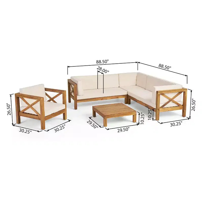 Christopher Knight Home George Ensemble sectionnel d'extérieur 5 pièces en bois d'acacia avec table basse et coussins