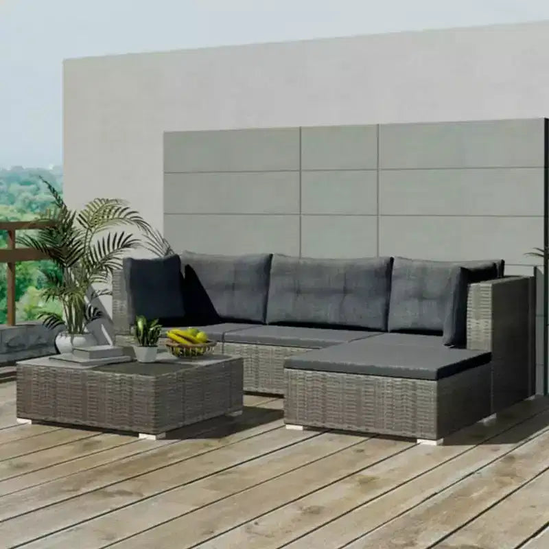 vidaXL Ensemble de jardin 5 pièces en résine tressée gris avec coussins, housses amovibles et table basse – Idéal pour piscine, jardin, patio