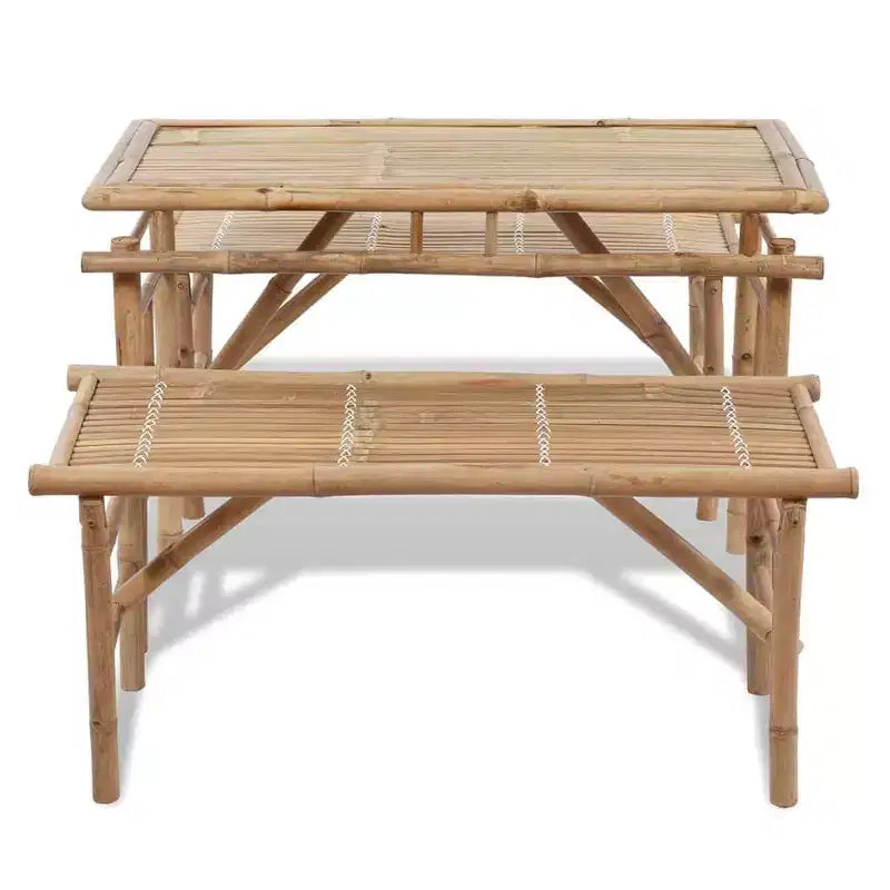 vidaXL Ensemble table et bancs de pique-nique en bambou 3 pièces - Mobilier de jardin pliant d'extérieur - Table à manger rectangulaire et bancs marron