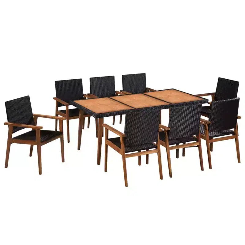 vidaXL Ensemble de salle à manger d'extérieur 9 pièces en résine tressée - Noir et marron - Comprend une grande table à manger et 8 chaises - Mobilier de patio de style rétro