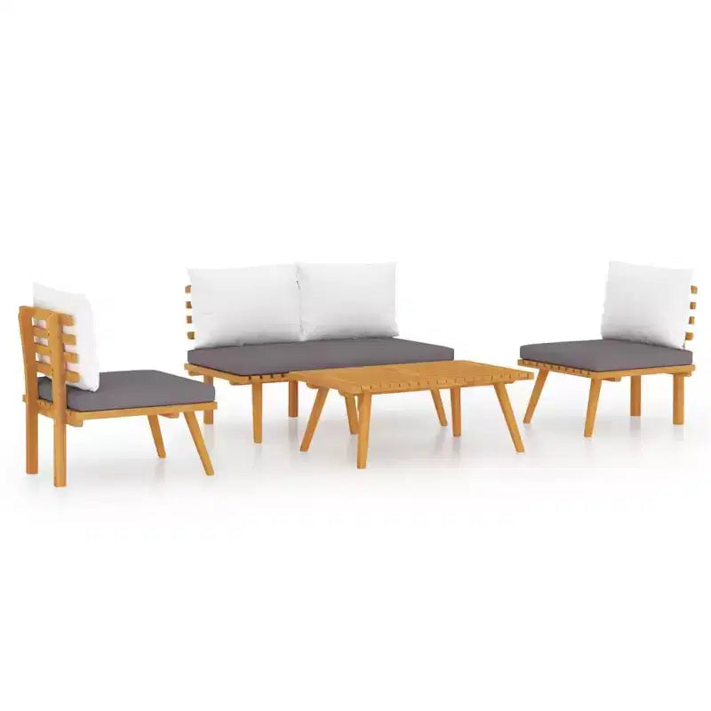vidaXL Salon de Jardin 4 Pièces avec Coussins et Table Basse - Mobilier d'Extérieur en Bois d'Acacia Massif pour Jardin, Terrasse, Patio.