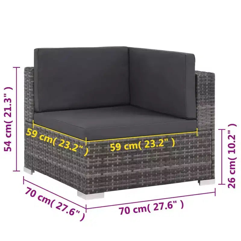 vidaXL Salon de jardin de patio – Ensemble de canapés modulaires 6 pièces en rotin synthétique gris avec table basse et pouf – Sièges d'extérieur confortables avec coussins