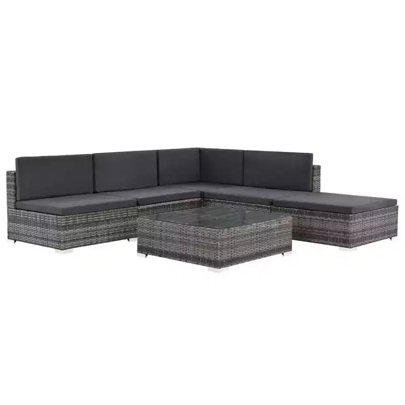 vidaXL Salon de jardin de patio – Ensemble de canapés modulaires 6 pièces en rotin synthétique gris avec table basse et pouf – Sièges d'extérieur confortables avec coussins