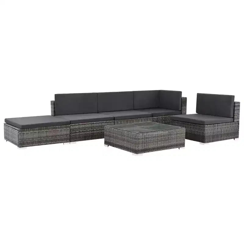 vidaXL Salon de jardin de patio – Ensemble de canapés modulaires 6 pièces en rotin synthétique gris avec table basse et pouf – Sièges d'extérieur confortables avec coussins