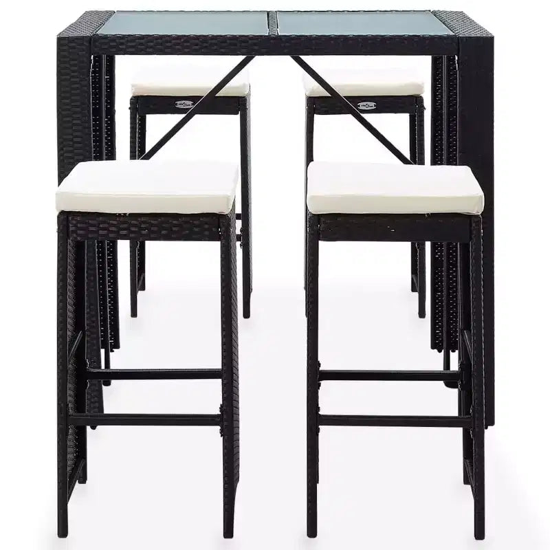 vidaXL Ensemble de bar d'extérieur 5 pièces en résine tressée et verre noirs avec coussins confortables - Montage facile - Utilisation en extérieur