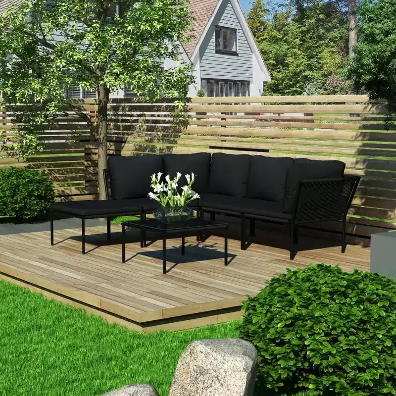 vidaXL Salon de jardin modulable 6 pièces avec coussins – Ensemble de meubles noirs en PVC avec cadre en acier – Idéal pour le jardin, le patio et les espaces extérieurs