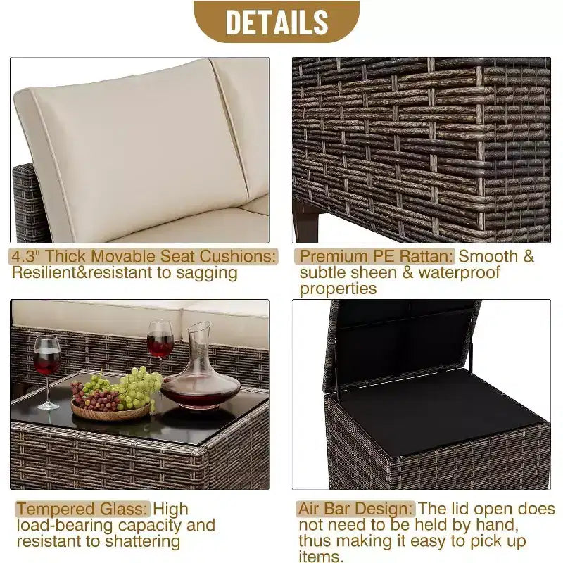 Ensemble de meubles de patio Acekool 4 pièces en osier PE noir avec table de rangement, canapé sectionnel, plateau en verre et coussins beiges pour espaces extérieurs