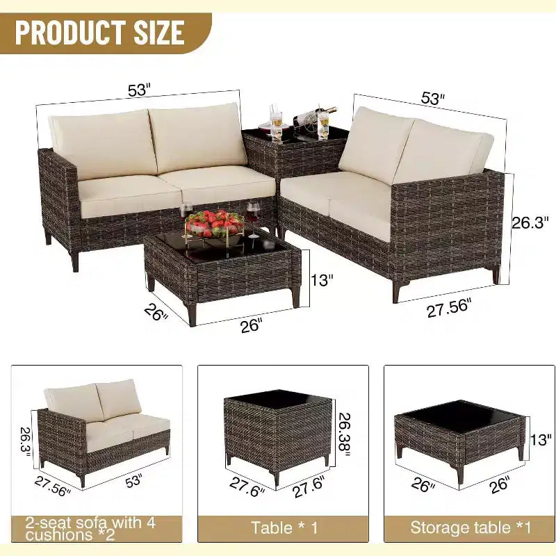 Ensemble de meubles de patio Acekool 4 pièces en osier PE noir avec table de rangement, canapé sectionnel, plateau en verre et coussins beiges pour espaces extérieurs