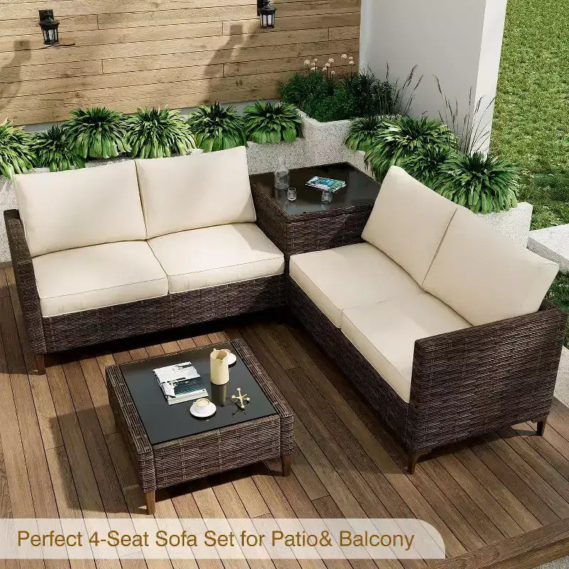 Ensemble de meubles de patio Acekool 4 pièces en osier PE noir avec table de rangement, canapé sectionnel, plateau en verre et coussins beiges pour espaces extérieurs