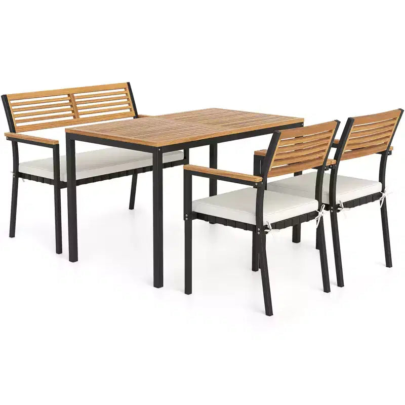 Costway Ensemble de Meubles de Jardin 4 Pièces avec Bois d'Acacia et Cadre en Métal Parapluie 1 table