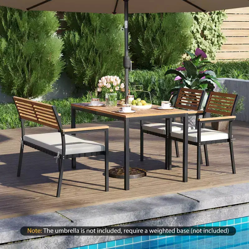 Costway Ensemble de Meubles de Jardin 4 Pièces avec Bois d'Acacia et Cadre en Métal Parapluie 1 table