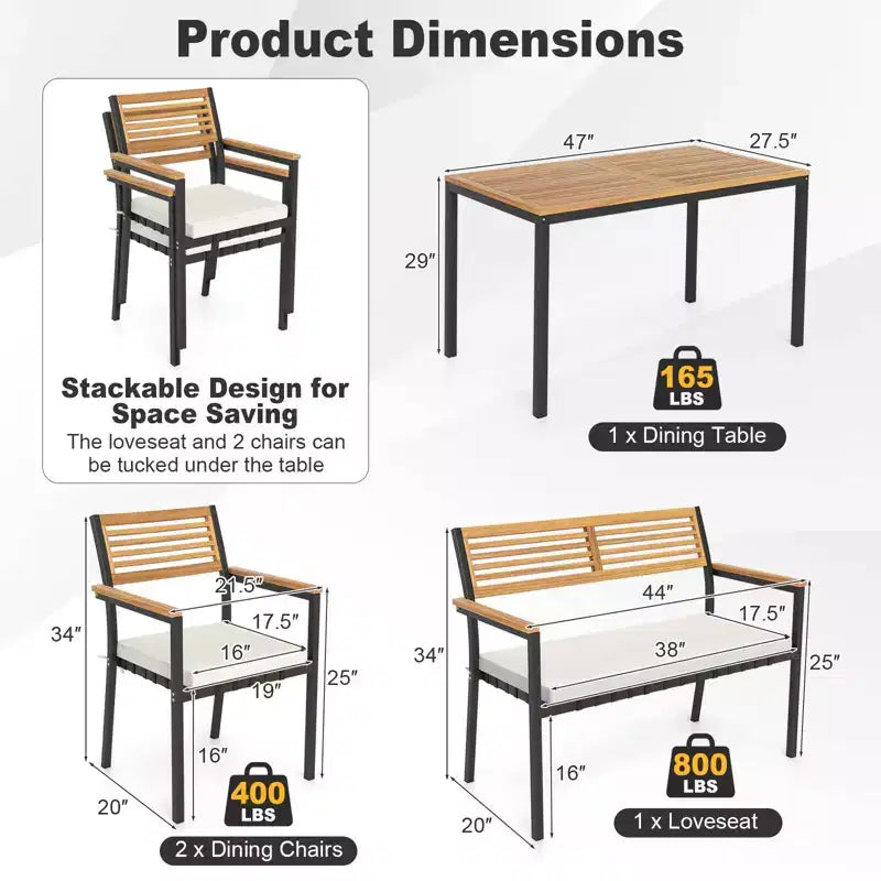 Costway Ensemble de Meubles de Jardin 4 Pièces avec Bois d'Acacia et Cadre en Métal Parapluie 1 table