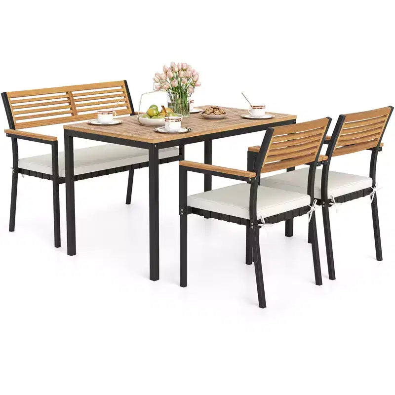 Costway Ensemble de Meubles de Jardin 4 Pièces avec Bois d'Acacia et Cadre en Métal Parapluie 1 table