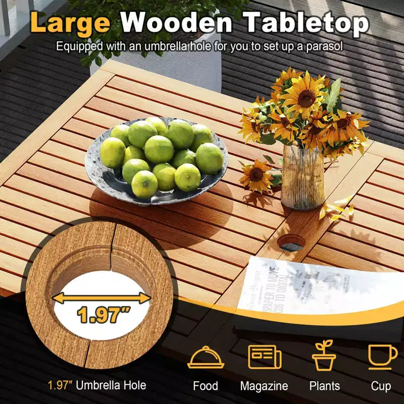 Costway Ensemble de Meubles de Jardin 4 Pièces avec Bois d'Acacia et Cadre en Métal Parapluie 1 table