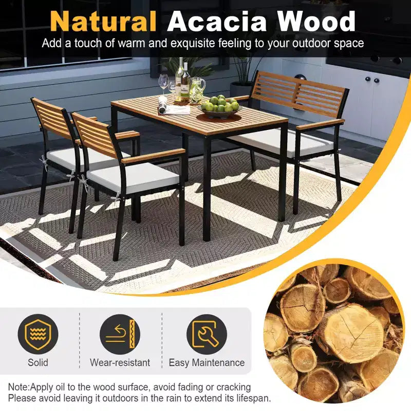 Costway Ensemble de Meubles de Jardin 4 Pièces avec Bois d'Acacia et Cadre en Métal Parapluie 1 table