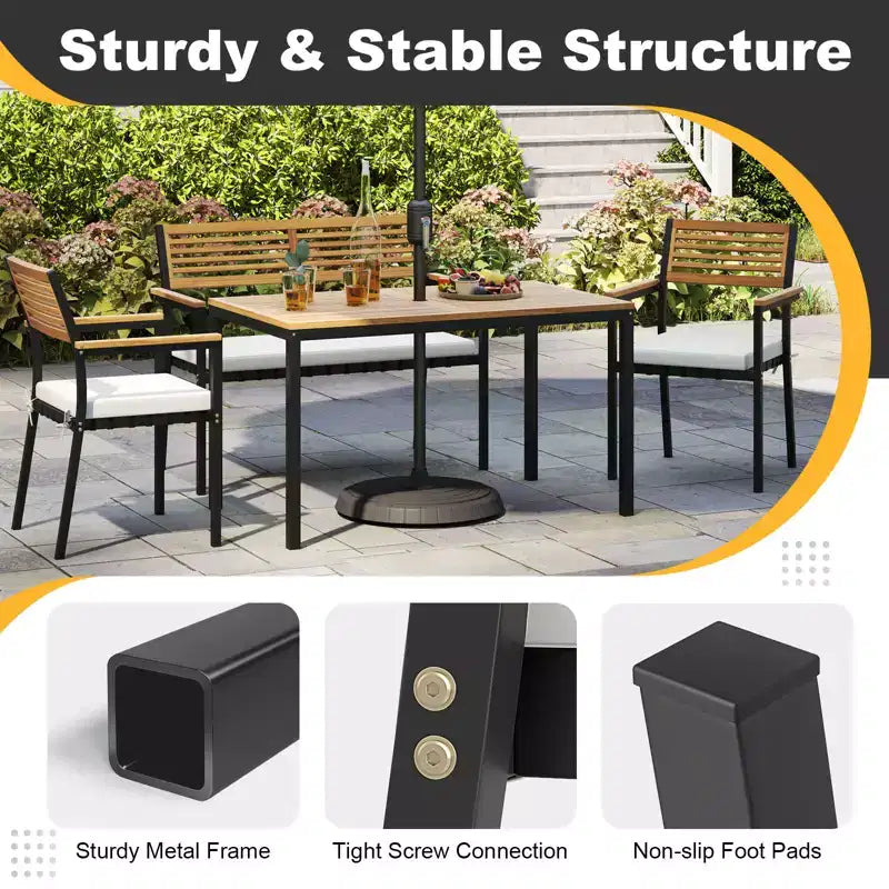 Costway Ensemble de Meubles de Jardin 4 Pièces avec Bois d'Acacia et Cadre en Métal Parapluie 1 table