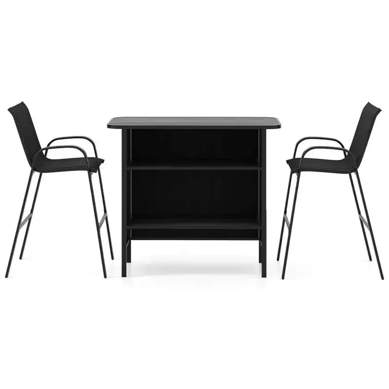 Costway Ensemble de Bar d'extérieur 3 pièces, Table Haute et Fauteuils avec Repose-Pieds et Étagère à 2 Niveaux, Marron/Noir/Gris