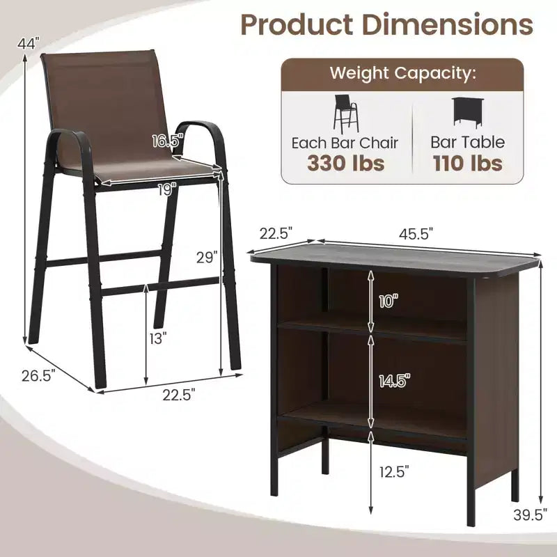 Costway Ensemble de Bar d'extérieur 3 pièces, Table Haute et Fauteuils avec Repose-Pieds et Étagère à 2 Niveaux, Marron/Noir/Gris