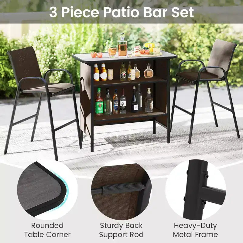 Costway Ensemble de Bar d'extérieur 3 pièces, Table Haute et Fauteuils avec Repose-Pieds et Étagère à 2 Niveaux, Marron/Noir/Gris