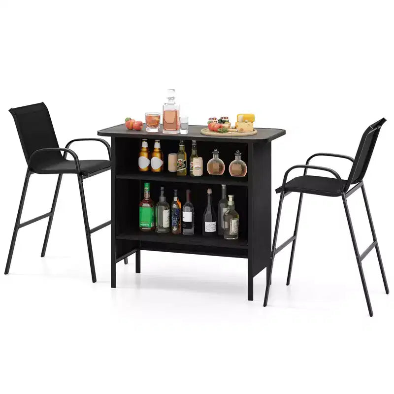 Costway Ensemble de Bar d'extérieur 3 pièces, Table Haute et Fauteuils avec Repose-Pieds et Étagère à 2 Niveaux, Marron/Noir/Gris