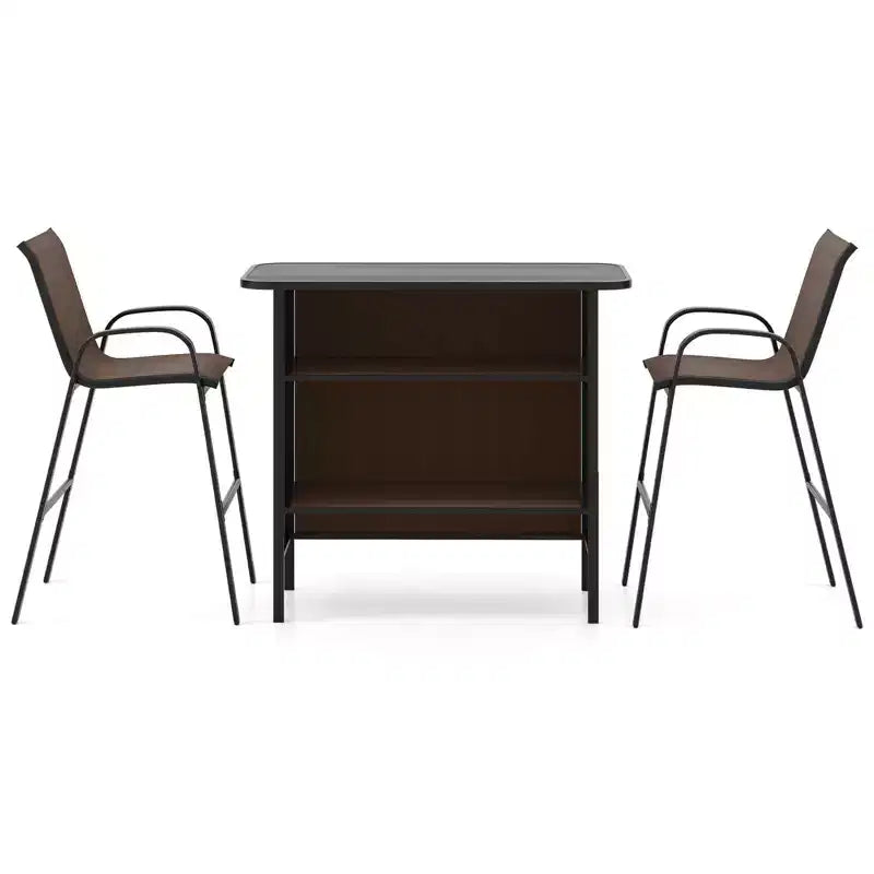 Costway Ensemble de Bar d'extérieur 3 pièces, Table Haute et Fauteuils avec Repose-Pieds et Étagère à 2 Niveaux, Marron/Noir/Gris