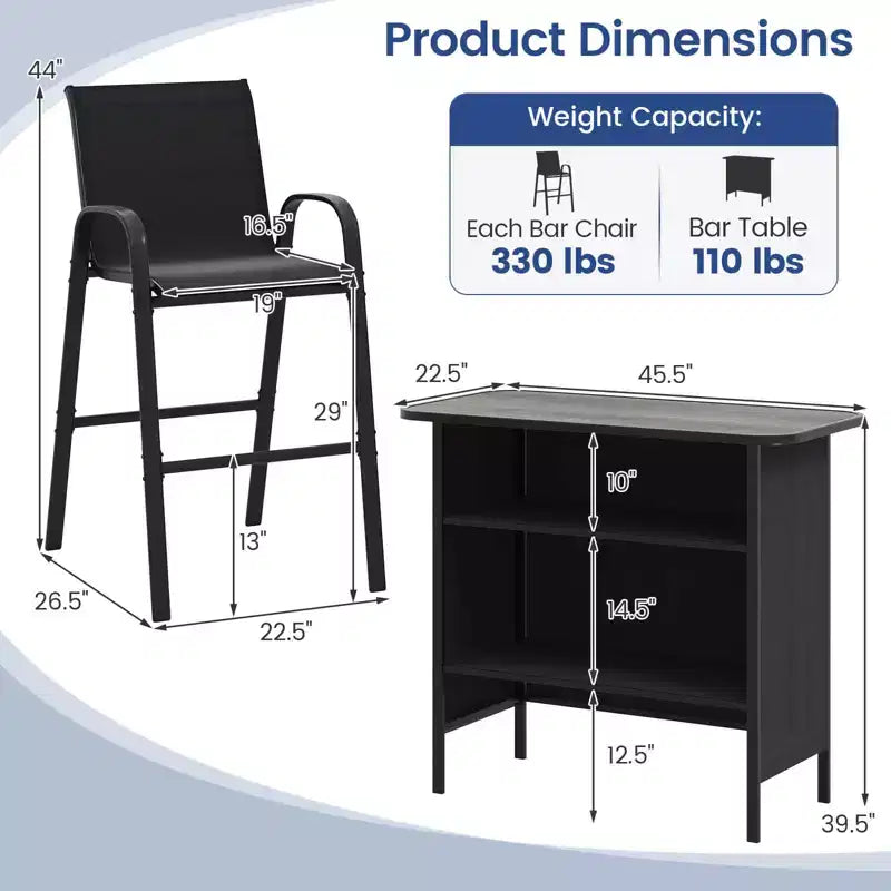 Costway Ensemble de Bar d'extérieur 3 pièces, Table Haute et Fauteuils avec Repose-Pieds et Étagère à 2 Niveaux, Marron/Noir/Gris