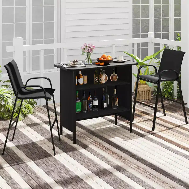 Costway Ensemble de Bar d'extérieur 3 pièces, Table Haute et Fauteuils avec Repose-Pieds et Étagère à 2 Niveaux, Marron/Noir/Gris