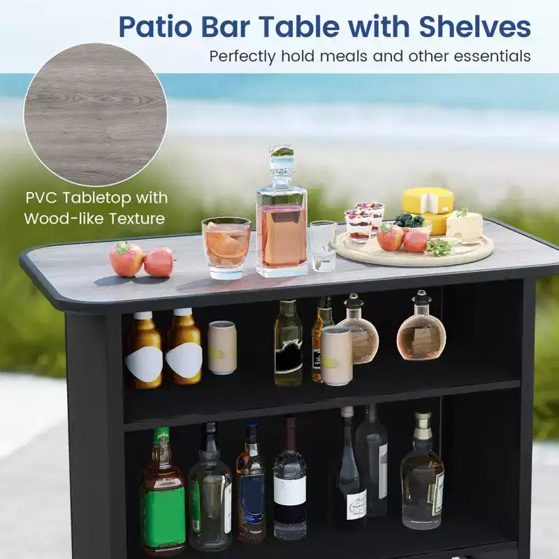 Costway Ensemble de Bar d'extérieur 3 pièces, Table Haute et Fauteuils avec Repose-Pieds et Étagère à 2 Niveaux, Marron/Noir/Gris