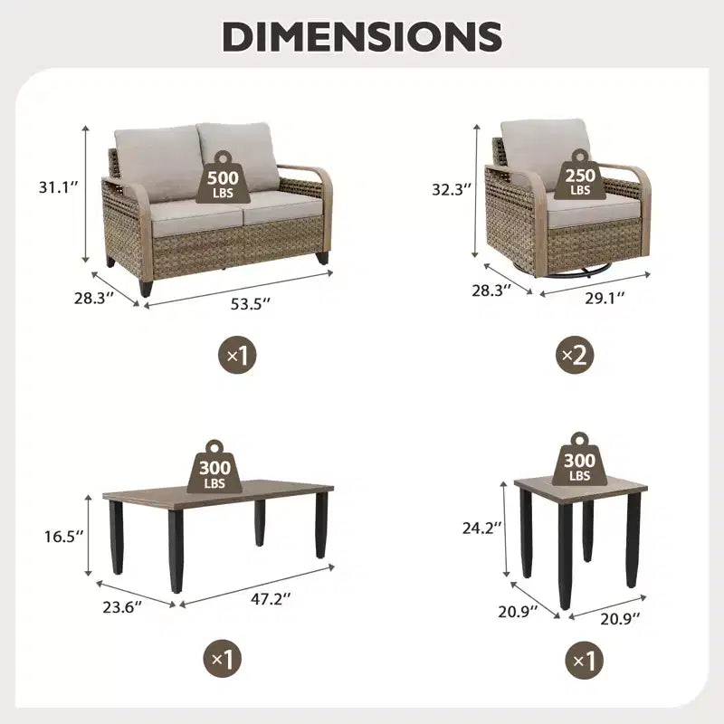 EAGLE PEAK Ensemble de conversation d'extérieur en osier pour patio, 2 fauteuils pivotants à bascule, canapé 2 places, table basse et table d'appoint, 5 pièces