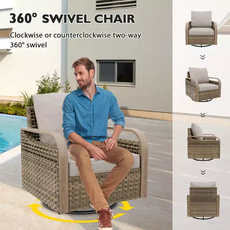 EAGLE PEAK Ensemble de conversation d'extérieur en osier pour patio, 2 fauteuils pivotants à bascule, canapé 2 places, table basse et table d'appoint, 5 pièces