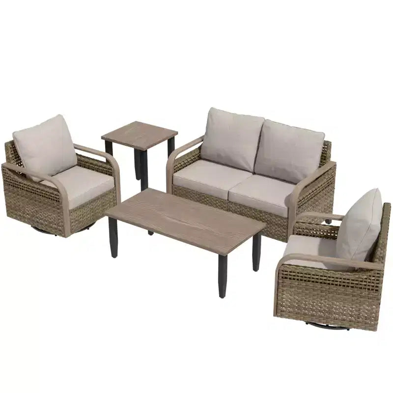 EAGLE PEAK Ensemble de conversation d'extérieur en osier pour patio, 2 fauteuils pivotants à bascule, canapé 2 places, table basse et table d'appoint, 5 pièces