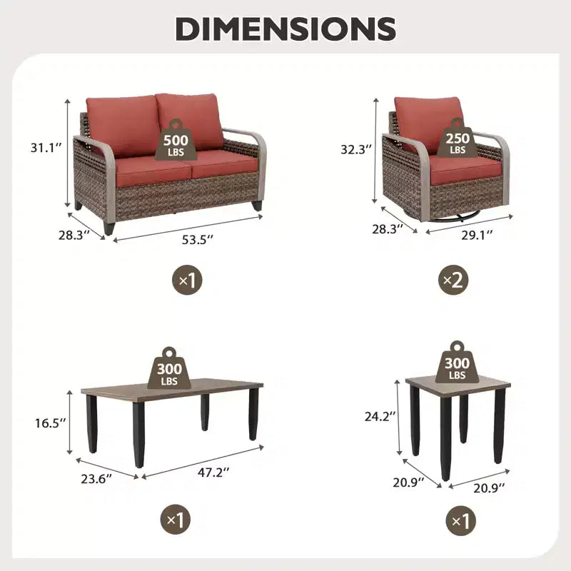 EAGLE PEAK Ensemble de conversation d'extérieur en osier pour patio, 2 fauteuils pivotants à bascule, canapé 2 places, table basse et table d'appoint, 5 pièces