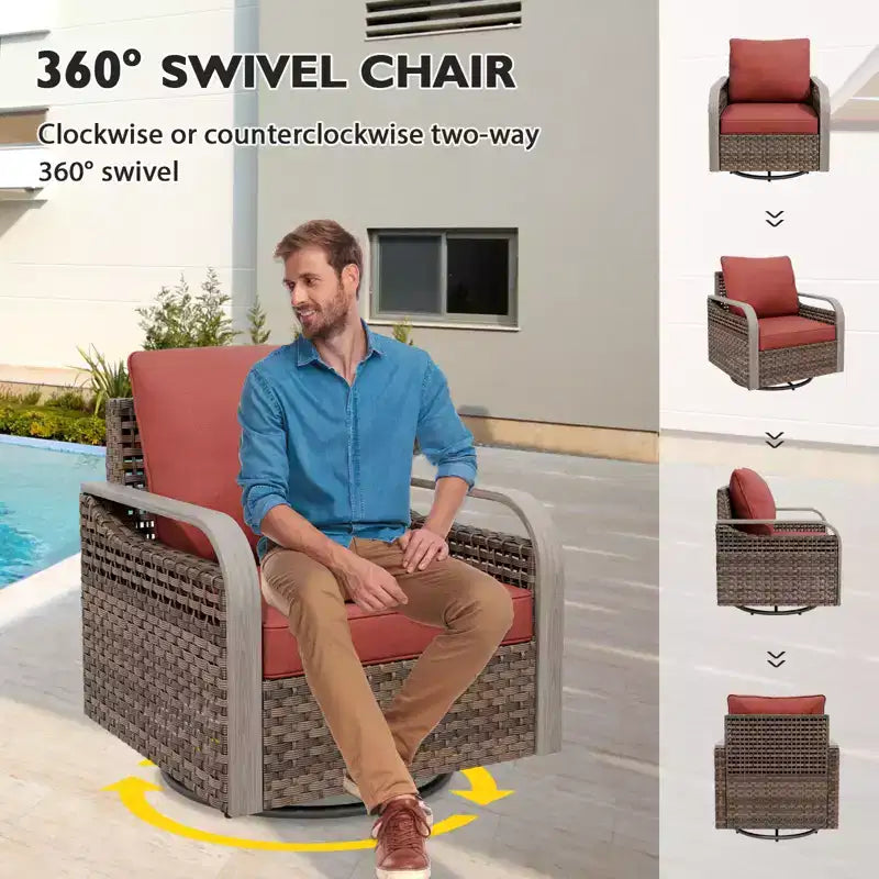 EAGLE PEAK Ensemble de conversation d'extérieur en osier pour patio, 2 fauteuils pivotants à bascule, canapé 2 places, table basse et table d'appoint, 5 pièces