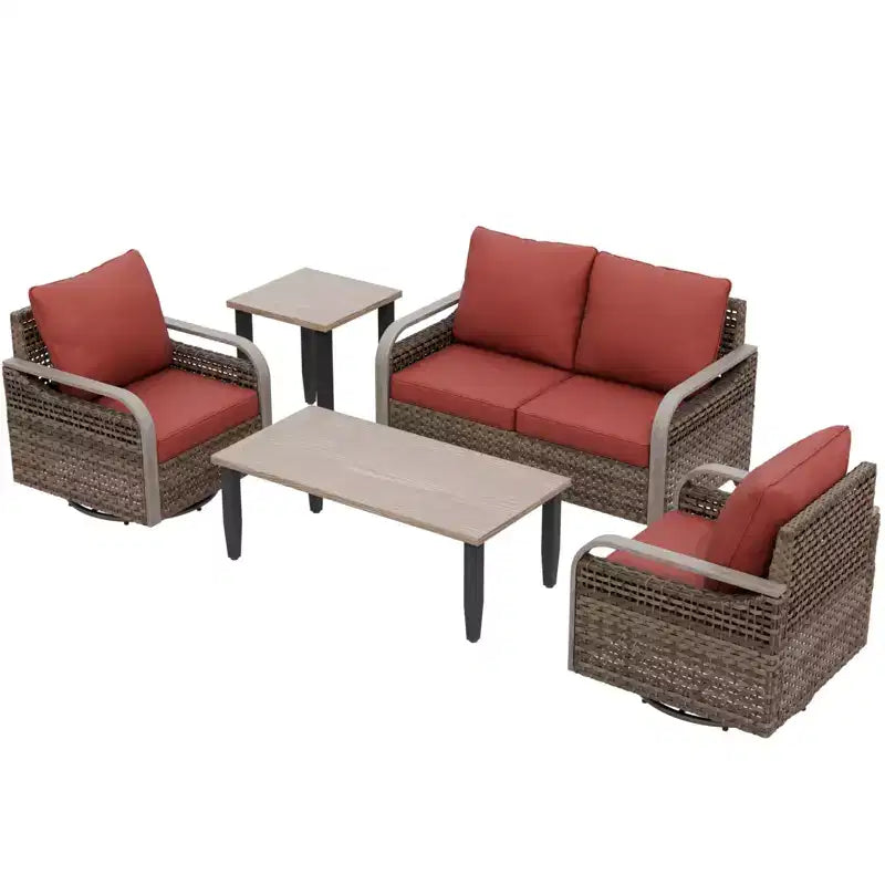 EAGLE PEAK Ensemble de conversation d'extérieur en osier pour patio, 2 fauteuils pivotants à bascule, canapé 2 places, table basse et table d'appoint, 5 pièces