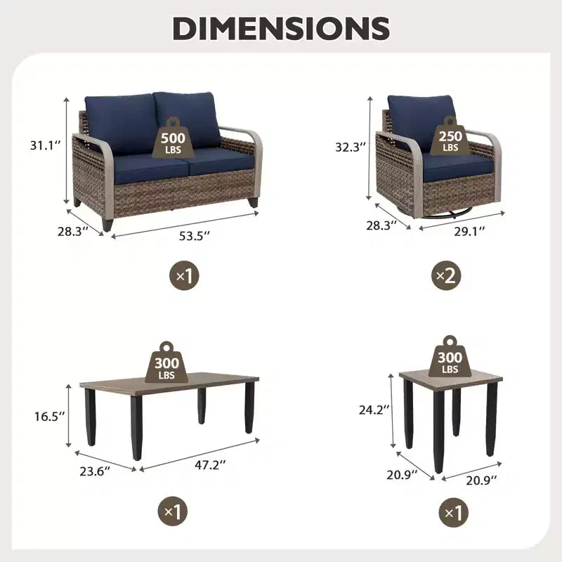 EAGLE PEAK Ensemble de conversation d'extérieur en osier pour patio, 2 fauteuils pivotants à bascule, canapé 2 places, table basse et table d'appoint, 5 pièces