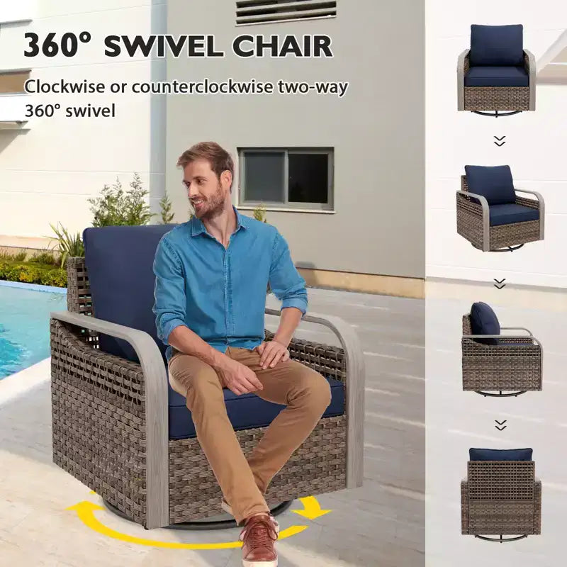 EAGLE PEAK Ensemble de conversation d'extérieur en osier pour patio, 2 fauteuils pivotants à bascule, canapé 2 places, table basse et table d'appoint, 5 pièces